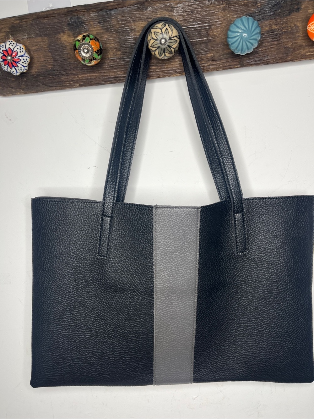 Vince Camuto Black Grey Luck Tote Bag approx 17” x 11” Great Condition